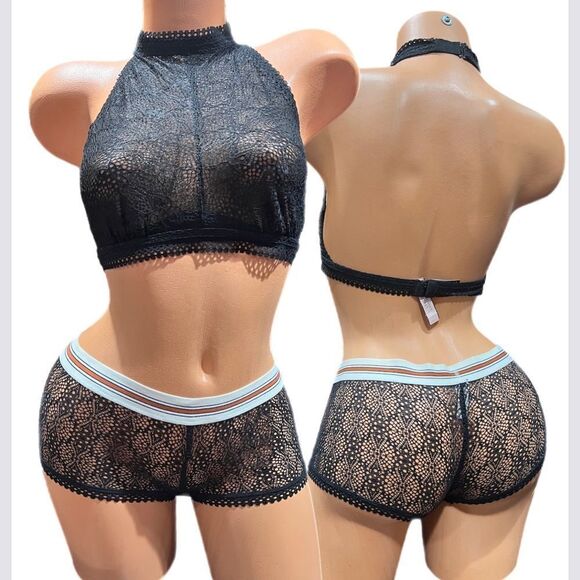 Victorias Secret crochet lace Set Unlined High Neck bralette bra & shortie panty - Picture 2 of 6